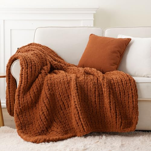 Battilo Chunky Knit Blanket Throw Rust Orange Throws for Sofa 125x150cm | Handmade Cable Knit Crochet Blanket, Soft Thick Large Rope Knot Throw Blankets for Bed Fall Decor, Terracotta