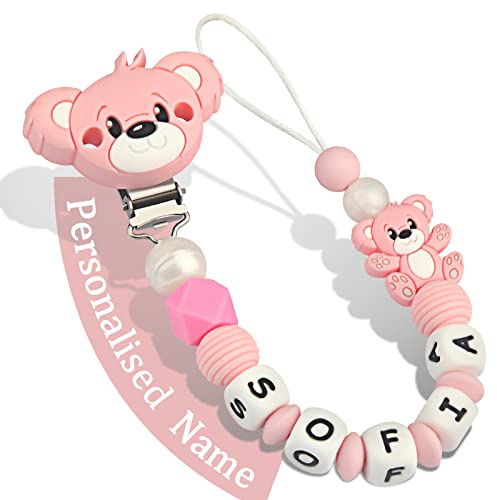 Yolnkos Attache Sucette Nom Personnalisé Prenom Teddy Ours Tetine Clips Chaîne pour Bébé Filles Garçons(Rose)
