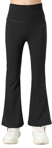 KISLOVE Girls Flared Legging High Waist Strentchy Bootcut Pants Full Length Bell Bottoms Kids Dance Yoga Athletic Trousers Black, 12-13 Years