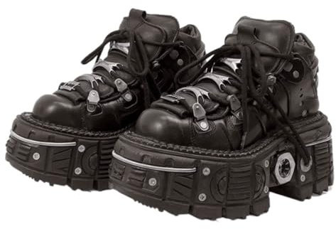PU Leather Y2K Grunge Punk Platform Height Increase Derby Shoes for Men Casual Streetwear Mixed Color Thick Sole Sneakers with Skull Metal Accent Design (11,Black)