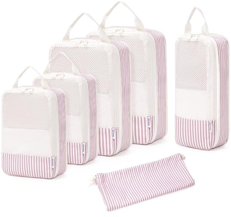 Narwey 6 Sets Compresión Organizador Maleta, Packing Cubes Compression, Bolsas Viaje para Mochila y Maleta, Cubos Organizadoras Maletas Travel Essentials Accesorios Viaje (rayas rosa)