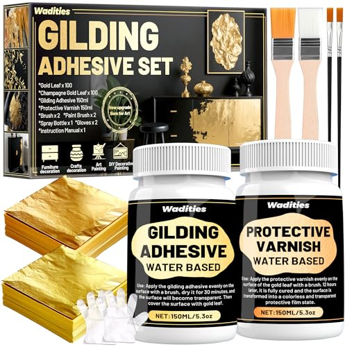 Set de adhesivo para dorado, Wadities 150ml de adhesivo y barniz a base de agua, 100 láminas de pan de oro y 100 láminas de oro champán para decoración de muebles y artesanía artística, decorativa DIY