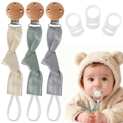 EARLY MINDS Pack de 3 Attache Sucette Coton Bébé, Attache Tetine Tissu, Unisexe Accroche Tétine pour Garçons et Filles, Accessoires pour Bébé, Clip Tétine pour Cadeau Naissance (Gris Vert Beige)