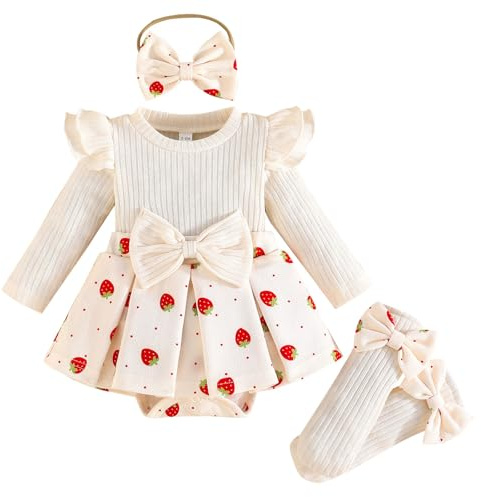 Winmany Baby flicka jordgubbssparkdräkt med strumpa rosett pannband nyfödd långärmad bodysuit höst vinter vår jumpsuit fotografi rekvisita kläder, BEIgE, 6-9 Months