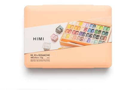 HIMI Jelly Cup Gouache Set 48 Paint Colours, 3 Brushes, Paint Pallete, Peach Fuzz Case, Add Water to Reactivate, Smooth, Rich Colours, Gift, Artist Art Supplies, Large Scale Art Work Fine Details