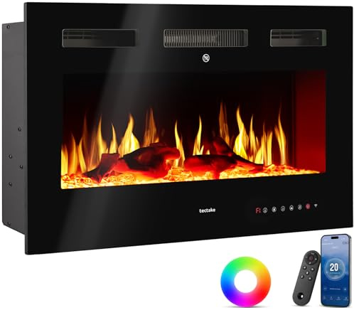 tectake® Caminetto elettrico da parete, Camino Elettrico 91,5x43x12 cm, 2 livelli di riscaldamento 900 W e 1800 W, 6 colori per effetto fuoco finto LED 3D, controllo app e WiFi e telecomando, Stufa