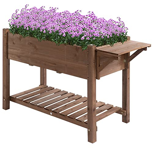 Outsunny Huerto Urbano con Estantes Jardinera Elevada de Madera Maciza para Cultivo Flores Verduras Hierbas 123x54x80 cm Marrón