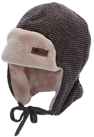Sterntaler Baby Jungen Mütze Baby Fliegermütze Hahnentritt Mütze - Mütze Baby - mit Hahnentritt Muster und Bindeband - dunkelbraun, 47