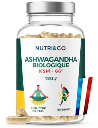NUTRI & CO Ashwagandha BIO KSM-66® Breveté - Extra Fort 1200mg 5% Withanolides - 120 gélules Vegan - Extrait 100% Pur - Fabriqué en France