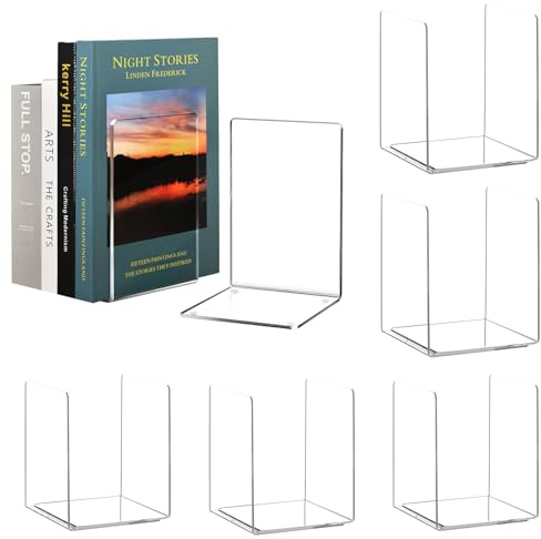 HappyHapi Acrylic Bookends for Shelves, 12 Pcs Clear Book Ends for Heavy Books, Decorative Book Holder for Home Library Office, 5 x 5 x 7.3 inch，6 Pair