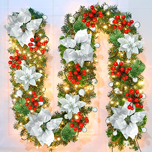 9FT Christmas Garland with 30 LED Lights, Vothen Prelit Artificial Christmas Garland Decorations with Silver Flowers,Balls, Berries, Greenery Xmas Garland for Indoor Stairs Mantle Fireplace Decor 2.7M