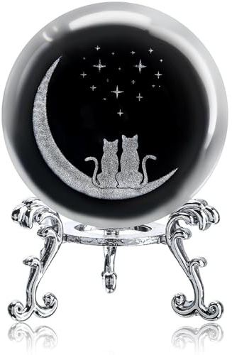 ZEERSHEE 60mm(2.3inch) Cats and Moon Crystal Ball Paperweight with Stand Base Glass Sphere Home Decor Gifts for Cat Lovers