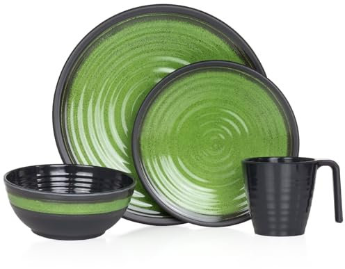 Camping Geschirr Set 1 Person 4-teilig | Melamin | Picknick Geschirrset | Campinggeschirr Stone Green Design