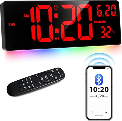 XREXS 16 Inch Digital Wall Clock | Bluetooth Auto-Sync Time | 6 Colors Night Lights | Time, Date, Temperature Display | Large Digital Clock for Home Office, Classroom, Gym