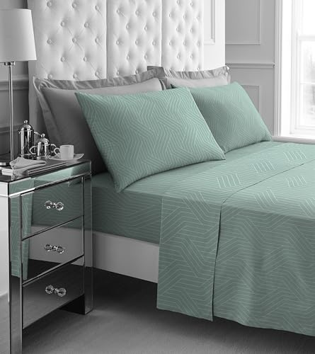 3 Piece Flannel Bed Sheets - Geometric Brushed Cotton Fitted Sheet, Flat Sheet with 1 Pillow Case - Thermal Warn Flannelette Sheets Single Bed - Wrinkle & Fade Resistance - Sage Green