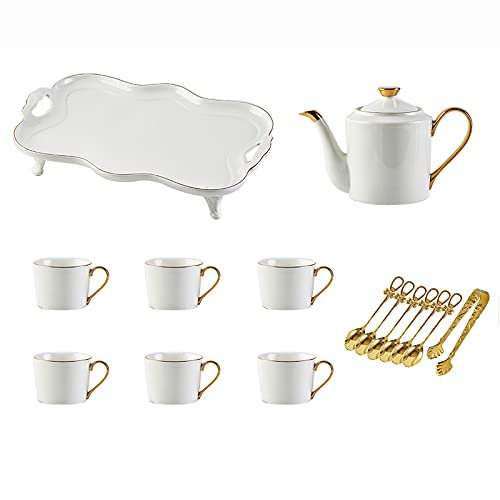 OJIJO Juego de té moderno de porcelana blanca, set de regalo for café y té con bandeja y cucharillas, tetera de 1200 ml y 6 tazas de 240 ml, servicio de té completo.