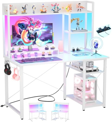 iSunirm Scrivania Gaming con Supporto per Monitor e Ripiano di Stoccaggio,Scrivania Computer con 2 Prese e 2 Porte USB,Scrivanie Moderne per Ufficio e Studio,100x50x75cm,Bianco