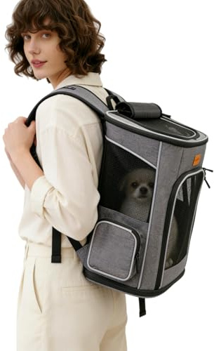 morpilot Mochila Transportín Perro, Mochila Transportín Gato Bien Ventilado con Correa de Seguridad Interior, Bolsa de Transporte para para Gatos y Perros Pequeños (32 x 28 x 42 cm) Gris,Claro