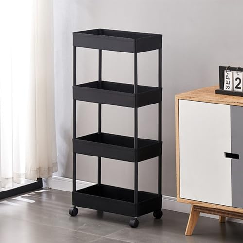 Somerway Légumier, Panier Fruits et Légumes, Panier Rangement Cuisine, 4 Niveaux Empilable en Treillis Métallique, Roulettes 360°, Pour Cuisine Garde-Manger (Noir minimaliste, 4 plis)