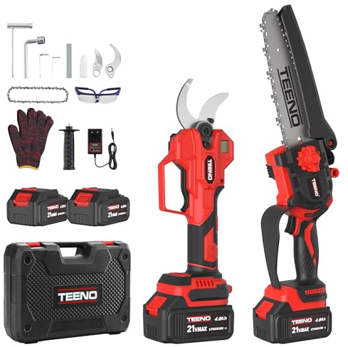 TEENO 2 en 1 Ensemble d'Outils de Jardinage : Mini Tronconneuse à Batterie 6 Pouces + Sécateur Électrique Sans Fil 0-40mm, 2 X 4.0 Ah Batteries, Lames Acier SK5 pour Coupe de Troncs et Branches