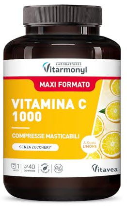 Vitarmonyl Vitamina C 1000 mg - Alto Dosaggio - 40 Compresse Masticabili | Vitamina C - Difese Immunitarie - Energizzante - Compresse Masticabili Limone Senza Zucchero, Senza Glutine - Maxi Formato