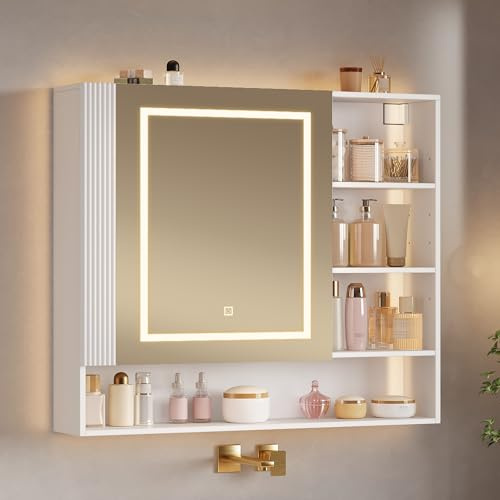 Hzuaneri Armario de Baño, con Luz LED y Enchufe, 17,5 x 80 x 75 cm, Blanco