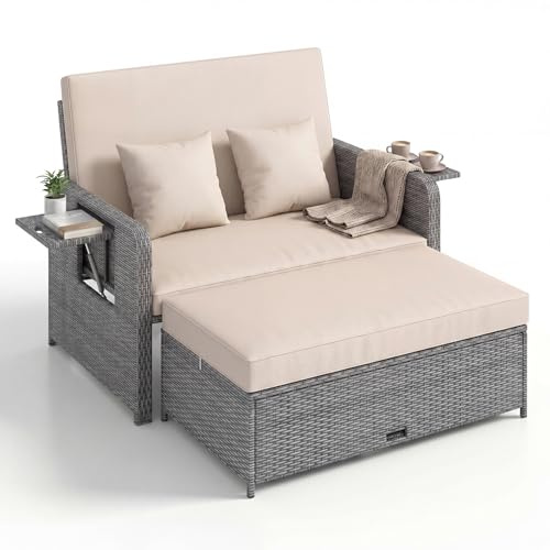 LIFEZEAL Salon de Jardin Extérieur avec Tabouret & Coussin pour 2 Personnes, Dossier Inclinable 4 Positions, Bain de Soleil Rotin PE, Table Appoint, 2 Oreillers, Charge 360 kg (Beige, Style 2)