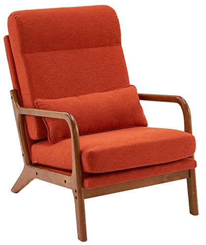 LEADZM Fauteuil de Salon avec Cadre en Bois Massif Fauteuil Lounge Orange | Fauteuil Relax Scandinave, Dossier Haut, pour Salle à Manger, Salon, Chambre, Siege Bureau