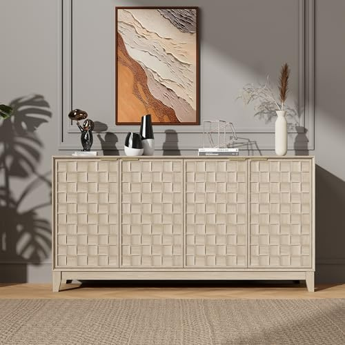 COLAMY Sideboard Cabinet, Wooden Sideboard Cabinet with 4 Doors, Textured Design, Adjustable Shelves, Soft Close Hinges, Durable Storage Cabinet Cupboard for Living Room Kitchen Hallway,Oak