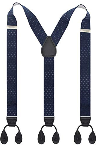 Timiot Suspender Elastic Y Back Button End Classic Leather Braces Tuxedo For Men(Navy Dots)