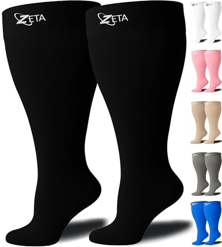 Zeta strumpor XXXL (kort längd) bred plus storlek vadkompression, lugnande bekvämt gradientstöd, förhindrar svullnad, smärta, ödem, DVT, stora manschetter, stretch till 26 tum, för flyg