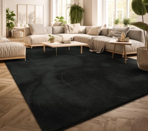 TT Home Teppich Wohnzimmer Kurzflor Anti-Rutsch Rückseite Einfarbiges Design Waschbar, Farbe: Schwarz, Größe:300x400 cm