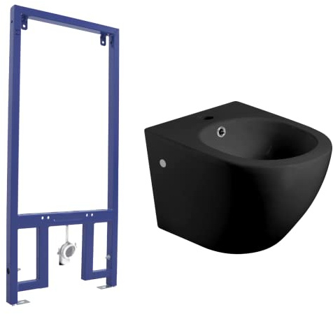 Pack Bidet Suspendido Cerámico de Baño con Bastidor para Bidé | Bidé al Aire de Fondo Reducido Sin Tapa Redondo Cerámico Moderno y Fácil Limpieza | Acompañado de Bastidor | Negro Mate