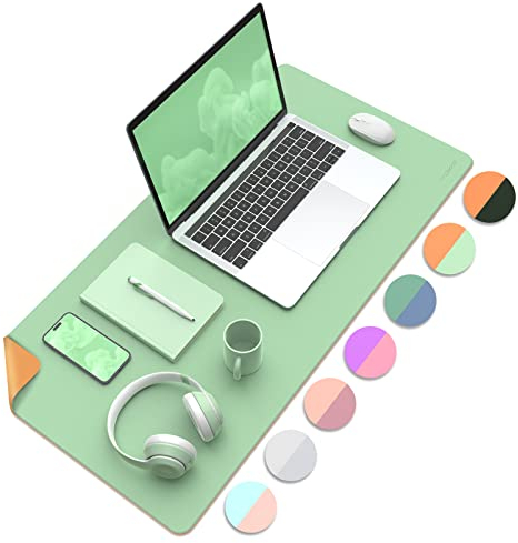 MoKo Schreibtischunterlage, 80x40cm PU Leder Laptop Tischunterlage, Wasserdichte Schreibtischmatte Rutschfeste Schreibtischauflage, Doppelseitig Office Mauspad für Büro/Zuhause, Glasiertes Grün+Orange