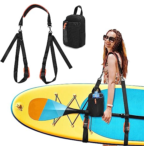 GOBUROS Cinghia per il trasporto di paddle board, cinghia regolabile per il trasporto di kayak SUP con borsa portaoggetti staccabile e ferramenta in metallo per paddle board