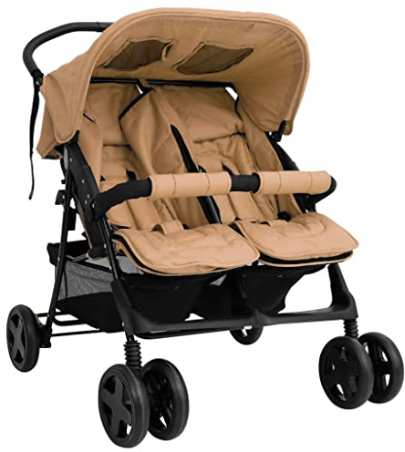 Hommdiy Geschwisterwagen mit Frontstoßstange Korb Zusammenklappbar Verstellbar Kinderwagen Zwillingswagen Zwillingsbuggy Stahl Buggy Taupe