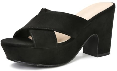 sexrosly Women's Platform Sandals 3.94 Inch Wedge Platform Heels Suede Slip On Sandals Open Toe Chunky Mules Party Wedding, Black, 6 UK