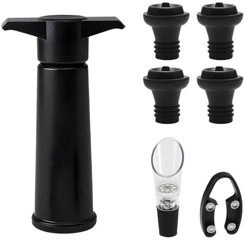 ZIGefofo Pompa Salvavino Sottovuoto con 4 Tappi per Bottiglie di Vino 1 Versatore per Vino 1 Tagliavino in Lamina Pompa Riutilizzabile per Vino Strumento per la Conservazione del Vino (Nero)