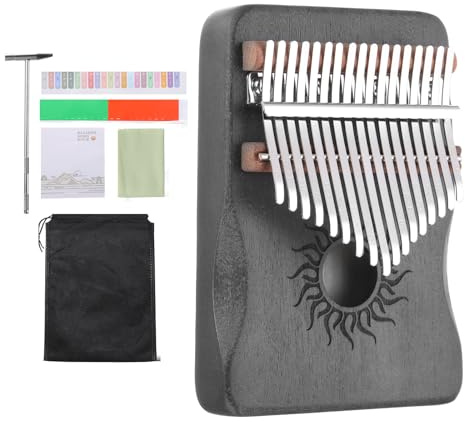 sourcing map 17 Keys Thumb Piano, Deep Brown Mini Portable Finger Piano Maple Wood Sun Pattern with Protective Bag, Tune Hammer, Sheet Music Study Instruction for Gift Adults Beginners