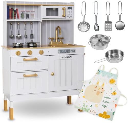 Mamabrum Cocina de Madera Infantil con Accesorios - Juguetes Cocina Niños con Microondas, Horno y Fregadero - Set Completo de Juego Delantal y Utensilios para +3 Años