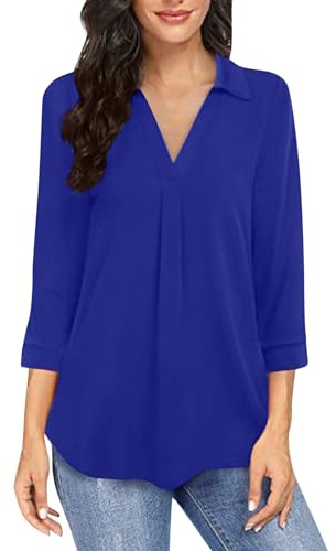 Singular-Point Chemisiers et Blouses Femme, Chemisier Femme Mousseline Col en V Chemises élégant Manches Longues Affaires Hauts Chemise Ample pour Printemps et Automne,Royal Bleu,XL,F282S