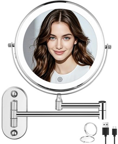 Wandmontage Vergrößerung mit Beleuchtung, 1X/ 10X Vergrößerung Dimmbarer Schminkspiegel, Wandspiegel für Badezimmer und Hotel, mit Beleuchtung 3 Farben Lichtern 360° Drehbar Dimmbarer Rasierspiegel