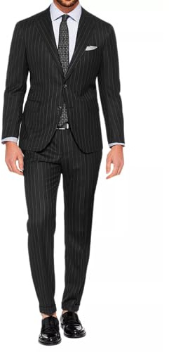 VEQUÈ Abito Elegante da Uomo Gessato Primavere Estate Completo Giacca e Pantalone Vestito a Righe Formale Due Pezzi Casual Elegante Matrimonio (IT, Numero, 52, Regular, Regular, Nero)