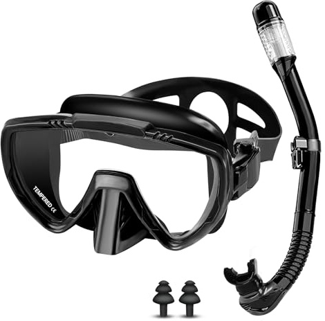 Vasmeiy Masque Plongée Adulte, Lunettes de plongée panoramiques 180° et Tuba Sec, avec lentille en Verre trempé, Anti-buée Anti-Fuite, pour la plongée, Le Snorkeling, la Natation (Noir)