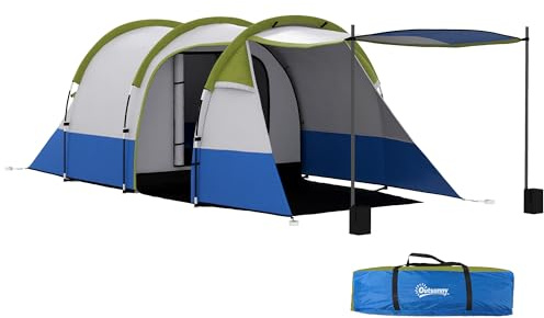 Outsunny Tenda da Campeggio a Tunnel per 3 Persone con 2 Stanze, Tenda Famigliare da Trekking Pesca con Camera da letto, Soggiorno, Telo di Fondo Cucito, Borsa di Trasporto, 420x200x150 cm, Verde