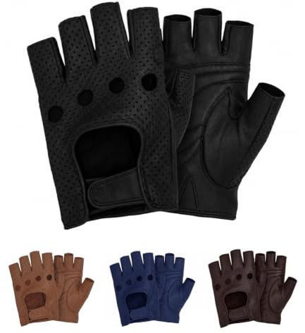 Swift Wear Fingerless Real Leather Cycle Biker Gym WheelChair Gloves Cycling Driving Body building weight lifting Hiking Half Finger Black Brown Summer Gloves Unlined