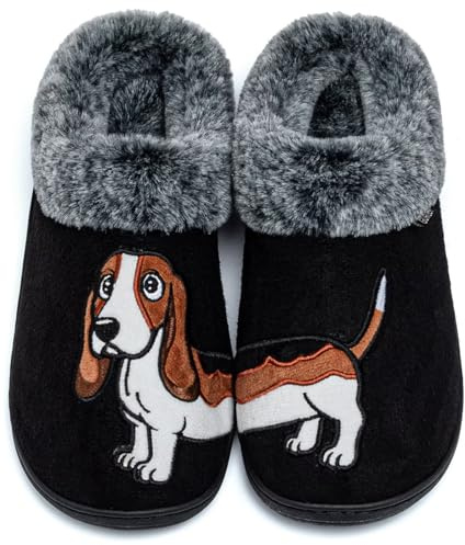 GURGER Pantofole Uomo Donna Invernali Calde Pelose Ciabatte da Casa con Ricamo Cane, Nero 42 43