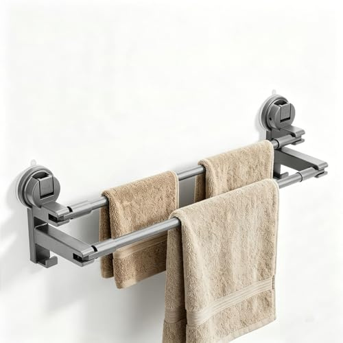 GAESHOW Toallero sin taladrar, barra doble con ventosa, montaje en pared, toallero de baño con 2 ganchos para toallas para baño y cocina, extensible 52-90 cm