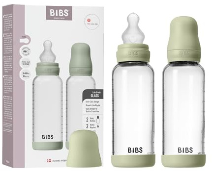 BIBS Baby Glass Bottle. Lot de 2. Anti-colique. Embout rond en Silicone. Favorise l’allaitement naturel, Complete Set - 240 ml (Pack of 2), Sage