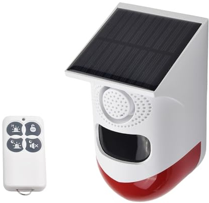 Hoppipola Alarma de seguridad solar para exteriores con sirena de 120 dB, sensor de movimiento PIR, impermeable IP67, control remoto, casa de granja para protección